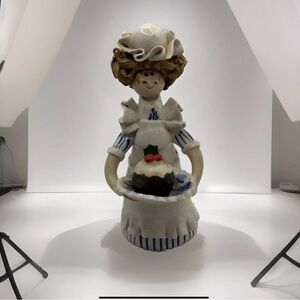 Laura Dunn Figure 6”tall holding cake blue strip dress spaghetti hair VTG RARE